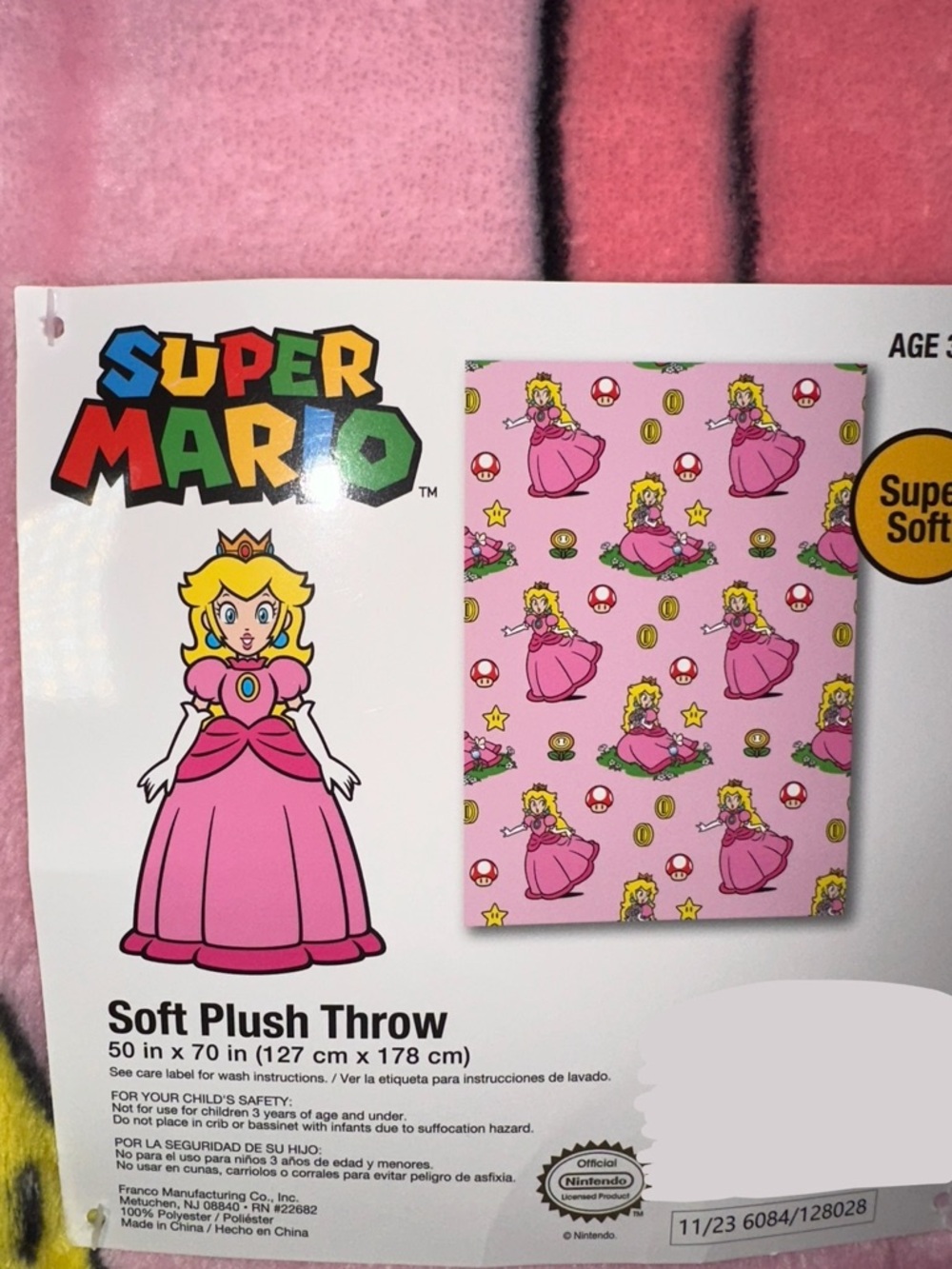 Super Mario Princess Peach Pink Plush Throw Blanket - Picture 2 of 2